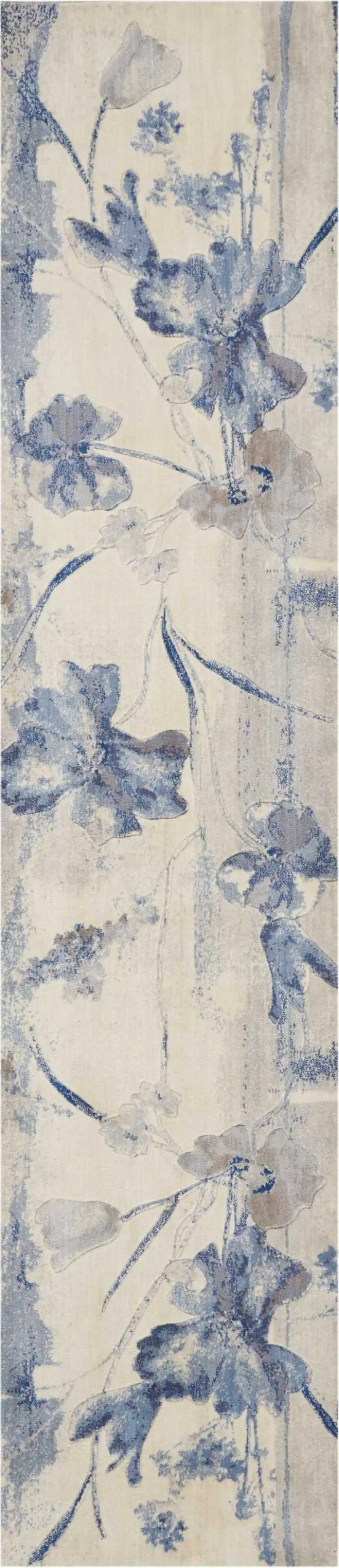 10' Ivory And Blue Floral Non Skid Runner Rug Photo 2