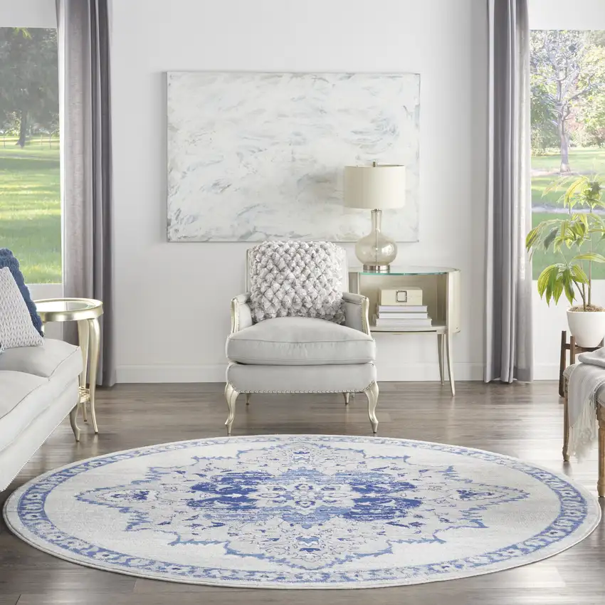 8' Ivory And Blue Floral Round Rug Photo 6