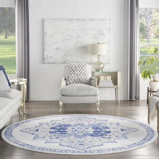 8' Ivory And Blue Floral Round Rug Photo 6