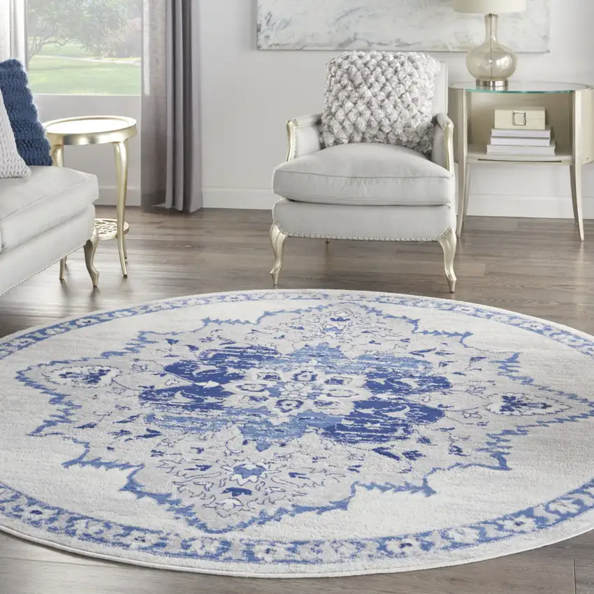 8' Ivory And Blue Floral Round Rug Photo 5