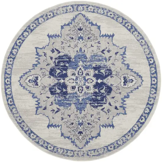 8' Ivory And Blue Floral Round Rug Photo 2
