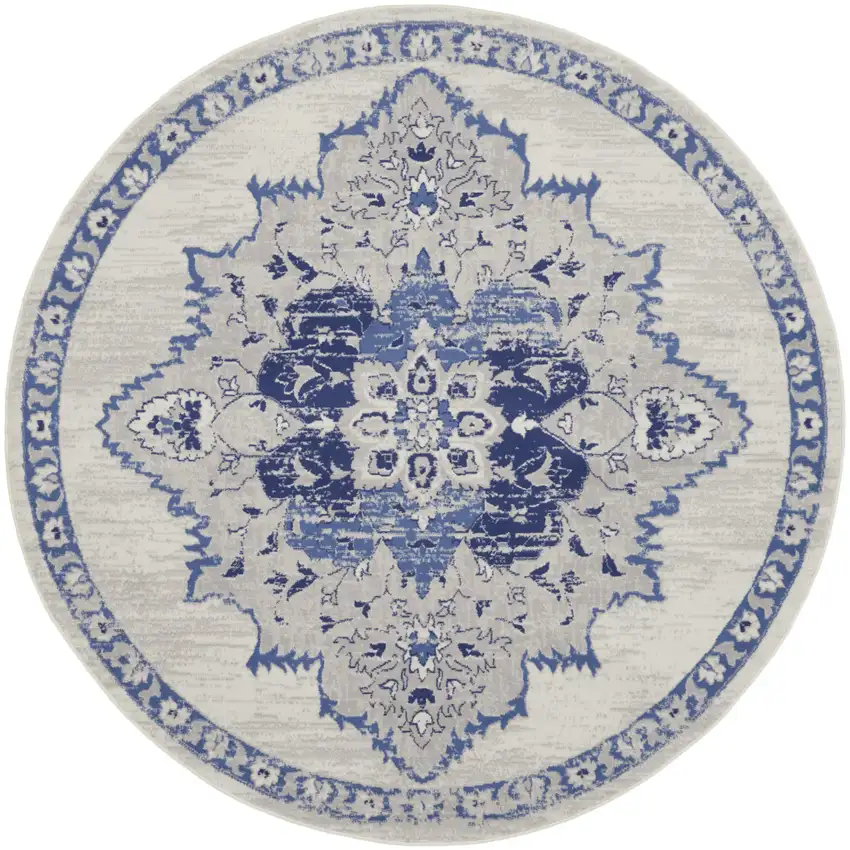 8' Ivory And Blue Floral Round Rug Photo 2