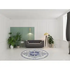 Photo of 8' Ivory And Blue Floral Round Rug