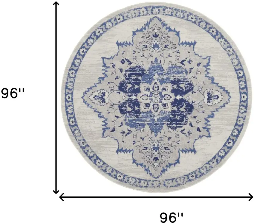 8' Ivory And Blue Floral Round Rug Photo 3