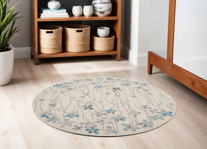 5' Ivory And Blue Floral Round Rug Photo 1