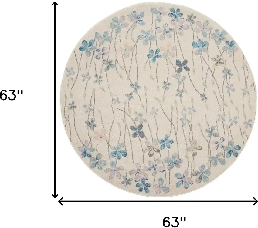 5' Ivory And Blue Floral Round Rug Photo 3