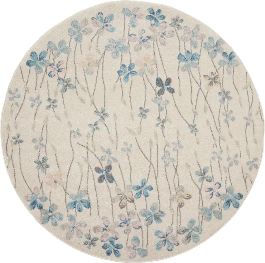 5' Ivory And Blue Floral Round Rug Photo 2