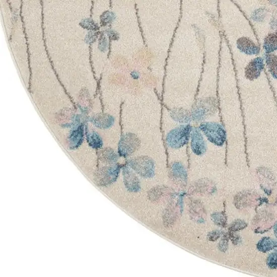 5' Ivory And Blue Floral Round Rug Photo 7