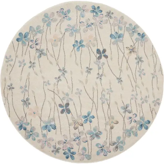 5' Ivory And Blue Floral Round Rug Photo 1