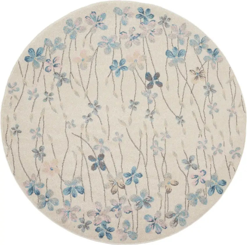 5' Ivory And Blue Floral Round Rug Photo 1
