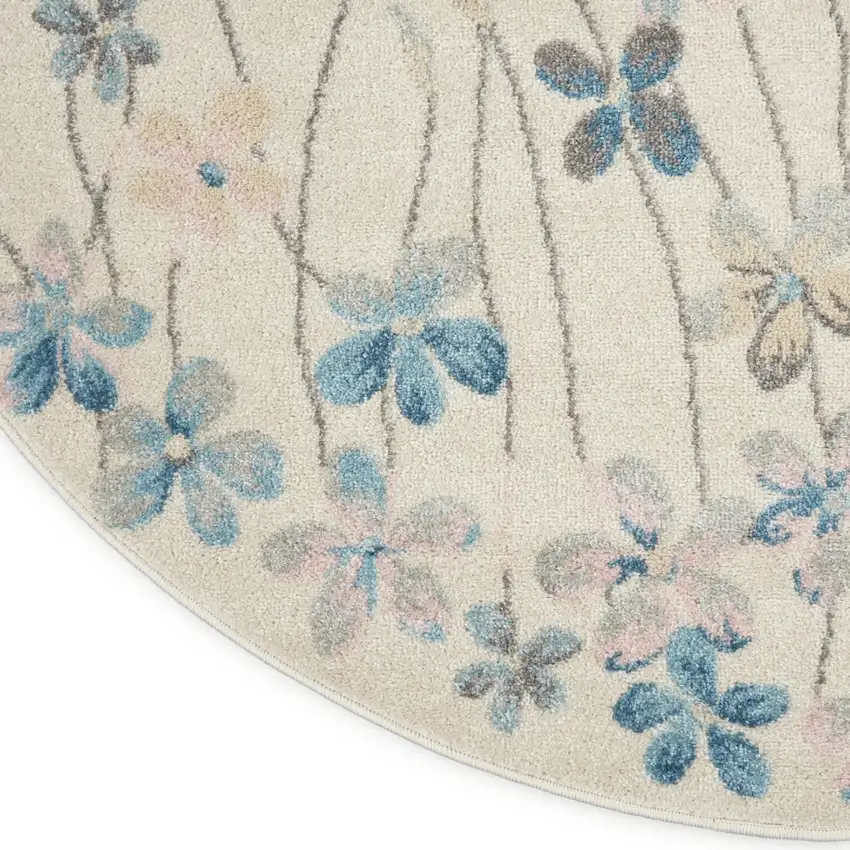 5' Ivory And Blue Floral Round Rug Photo 9