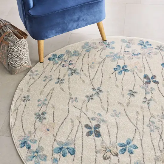 5' Ivory And Blue Floral Round Rug Photo 5