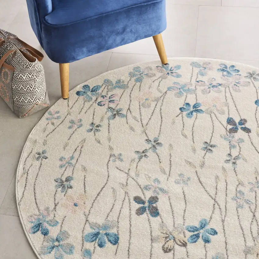 5' Ivory And Blue Floral Round Rug Photo 5