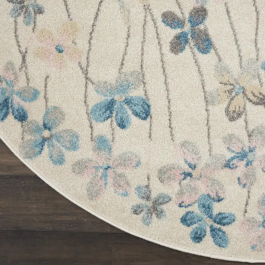 5' Ivory And Blue Floral Round Rug Photo 4