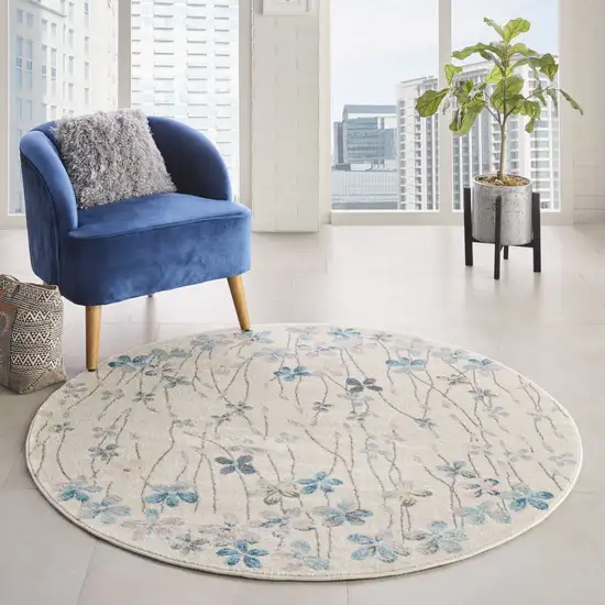 5' Ivory And Blue Floral Round Rug Photo 4