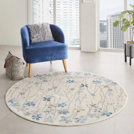 5' Ivory And Blue Floral Round Rug Photo 6