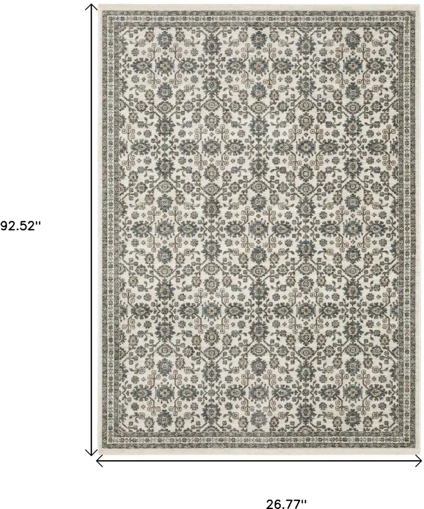 8' Ivory And Blue Floral Runner Rug With Fringe Photo 9