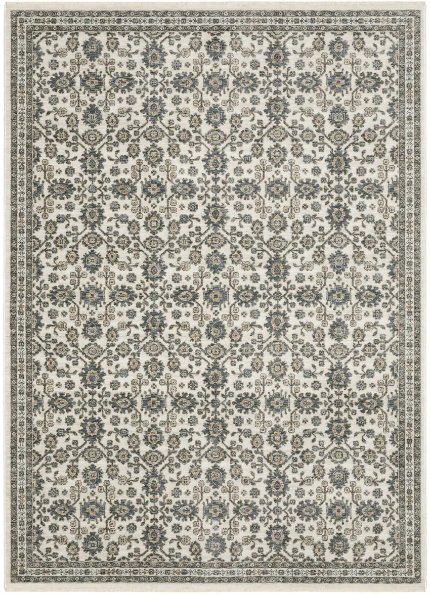 8' Ivory And Blue Floral Runner Rug With Fringe Photo 2