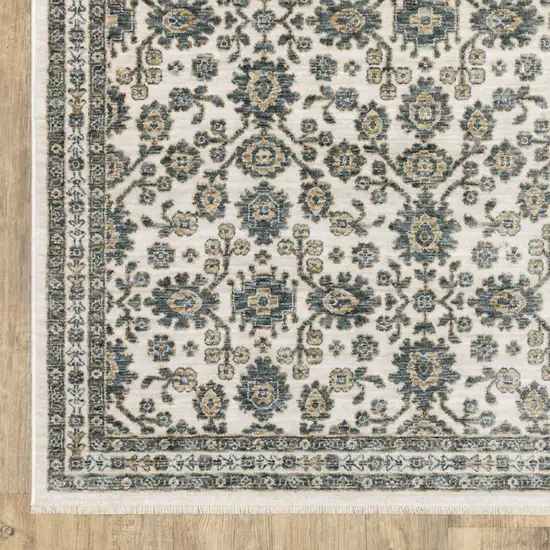 8' Ivory And Blue Floral Runner Rug With Fringe Photo 5