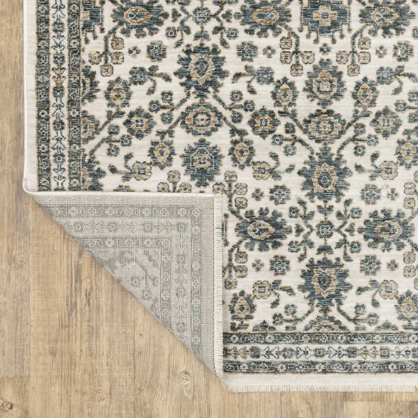 8' Ivory And Blue Floral Runner Rug With Fringe Photo 7