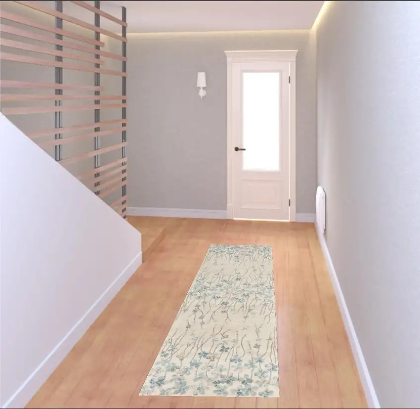 7' Ivory And Blue Floral Vines Runner Rug Photo 1