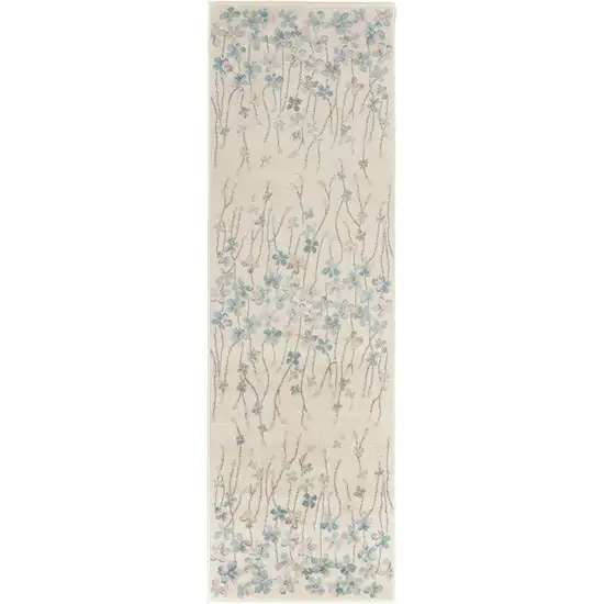 7' Ivory And Blue Floral Vines Runner Rug Photo 9