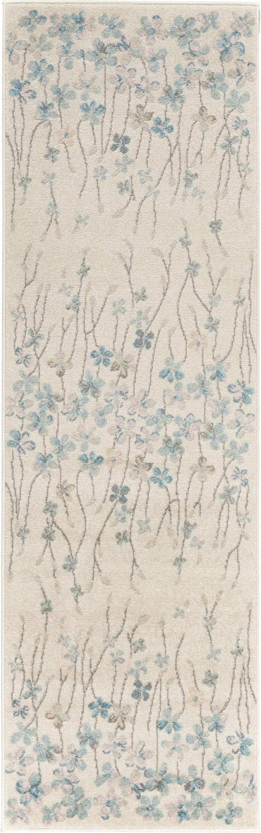 7' Ivory And Blue Floral Vines Runner Rug Photo 9