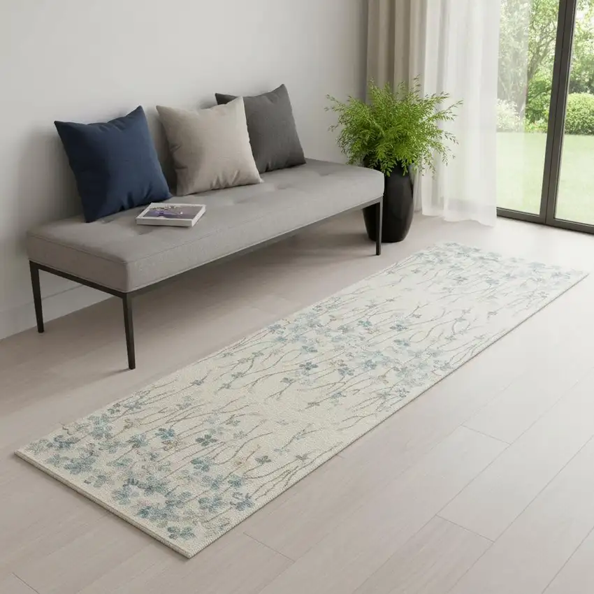 7' Ivory And Blue Floral Vines Runner Rug Photo 1