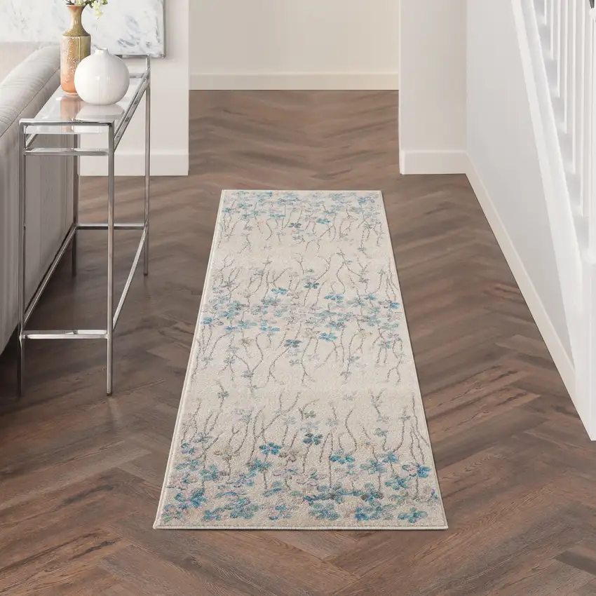 7' Ivory And Blue Floral Vines Runner Rug Photo 4