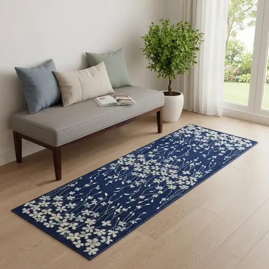 7' Ivory And Blue Floral Vines Runner Rug Photo 1