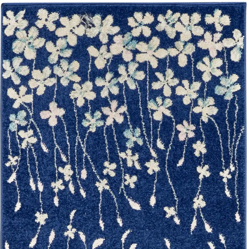 7' Ivory And Blue Floral Vines Runner Rug Photo 5