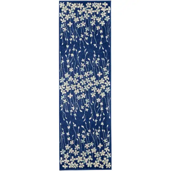 7' Ivory And Blue Floral Vines Runner Rug Photo 8