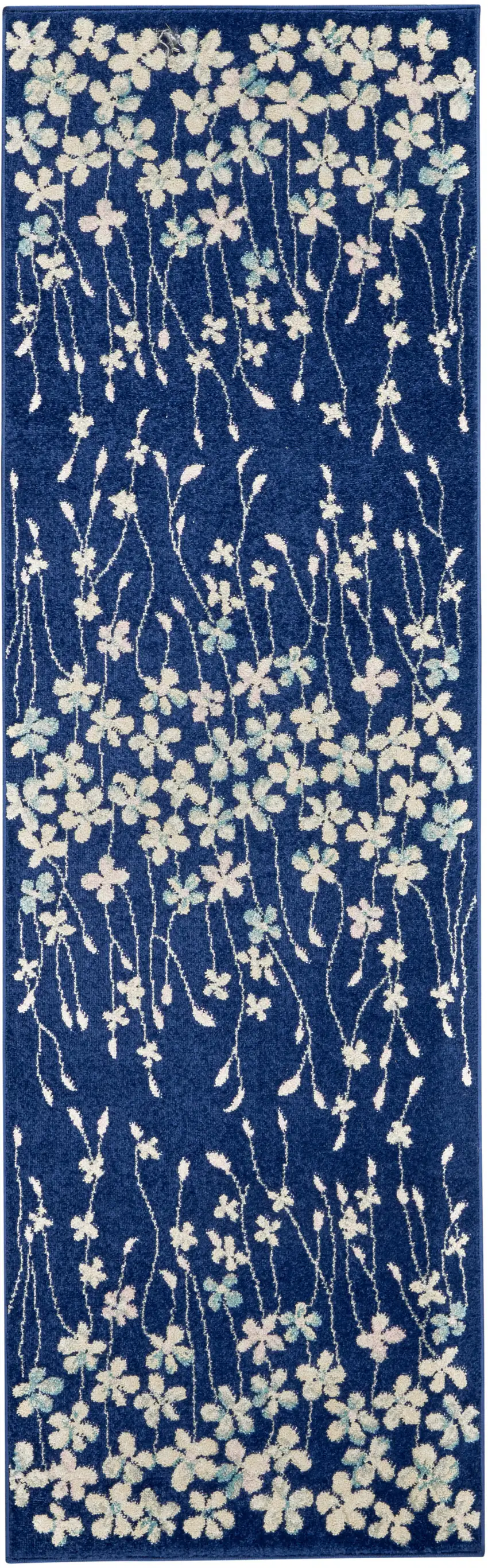 7' Ivory And Blue Floral Vines Runner Rug Photo 8