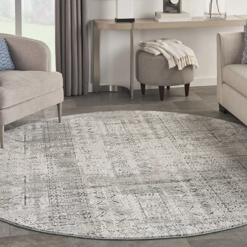 8' Ivory And Blue Geometric Distressed Round Rug With Fringe Photo 4