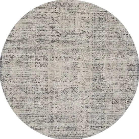 8' Ivory And Blue Geometric Distressed Round Rug With Fringe Photo 2