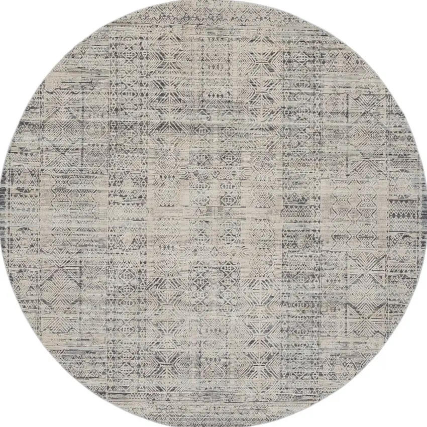 8' Ivory And Blue Geometric Distressed Round Rug With Fringe Photo 2
