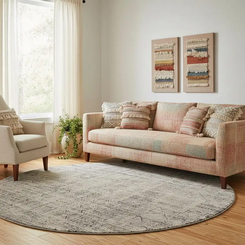 8' Ivory And Blue Geometric Distressed Round Rug With Fringe Photo 1