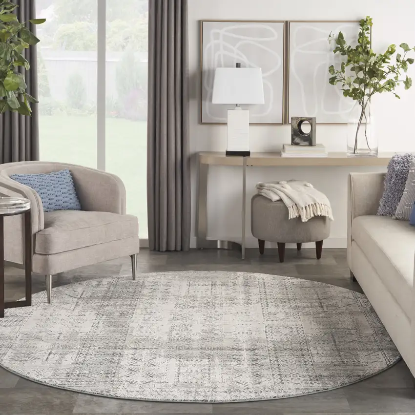 8' Ivory And Blue Geometric Distressed Round Rug With Fringe Photo 6