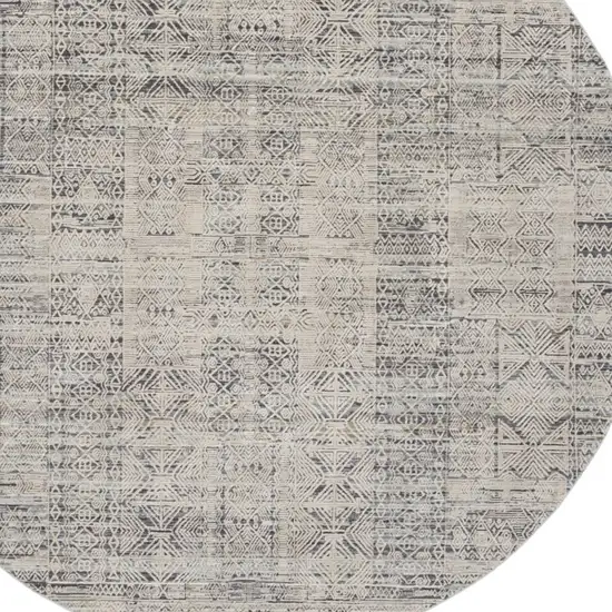 8' Ivory And Blue Geometric Distressed Round Rug With Fringe Photo 7