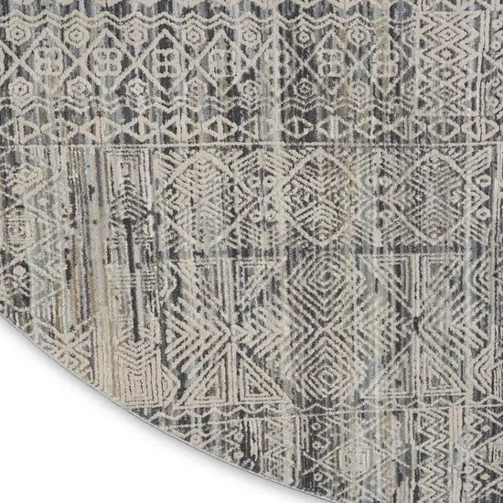 8' Ivory And Blue Geometric Distressed Round Rug With Fringe Photo 9