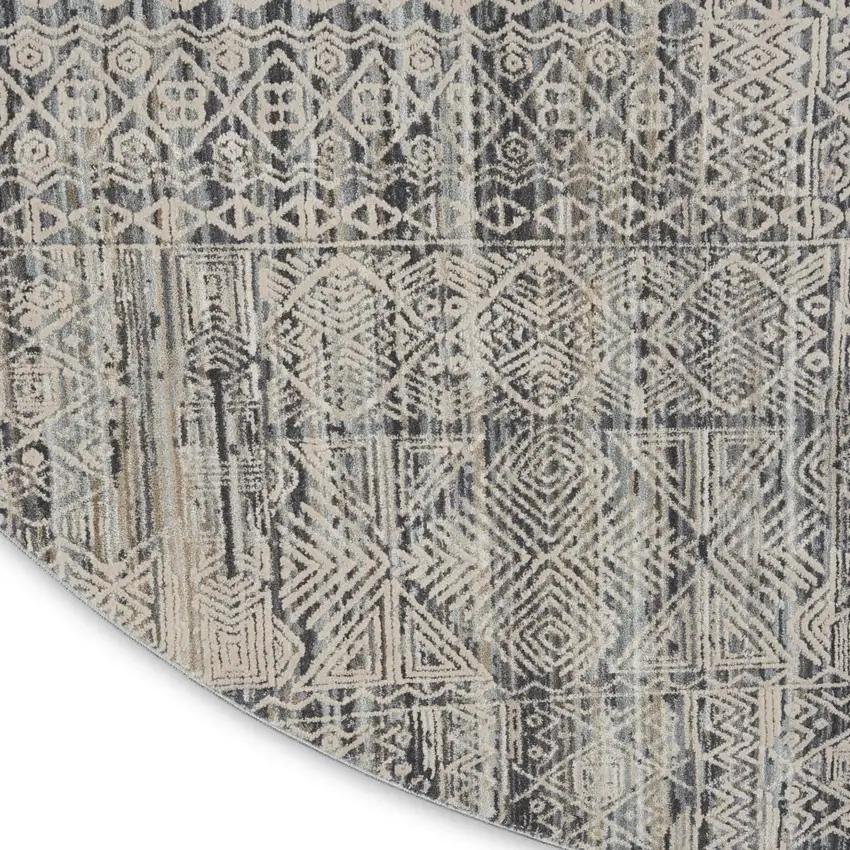 8' Ivory And Blue Geometric Distressed Round Rug With Fringe Photo 9