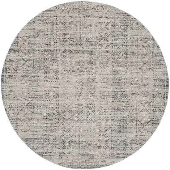 8' Ivory And Blue Geometric Distressed Round Rug With Fringe Photo 9