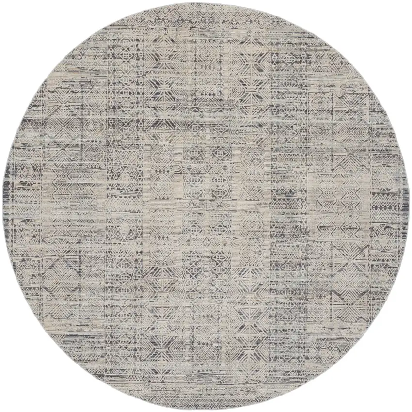 8' Ivory And Blue Geometric Distressed Round Rug With Fringe Photo 9