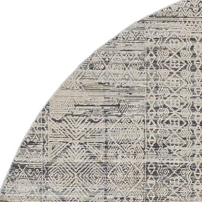 8' Ivory And Blue Geometric Distressed Round Rug With Fringe Photo 3