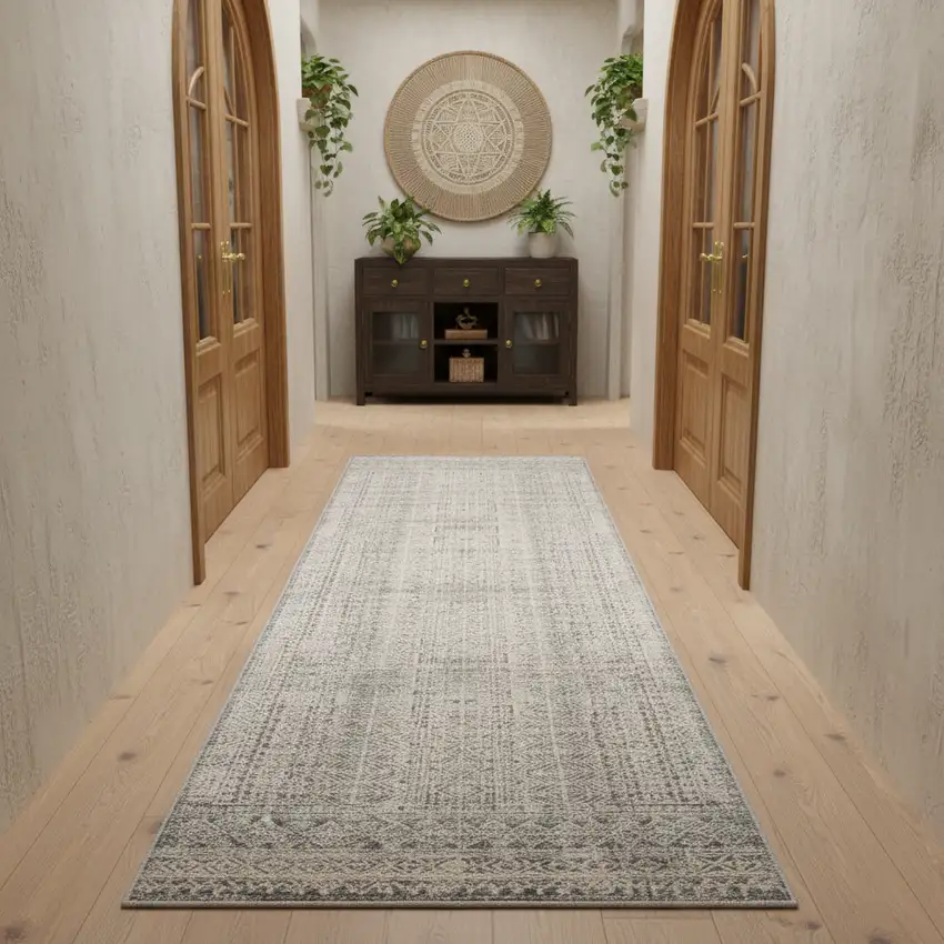 8' Ivory And Blue Geometric Distressed Runner Rug With Fringe Photo 2