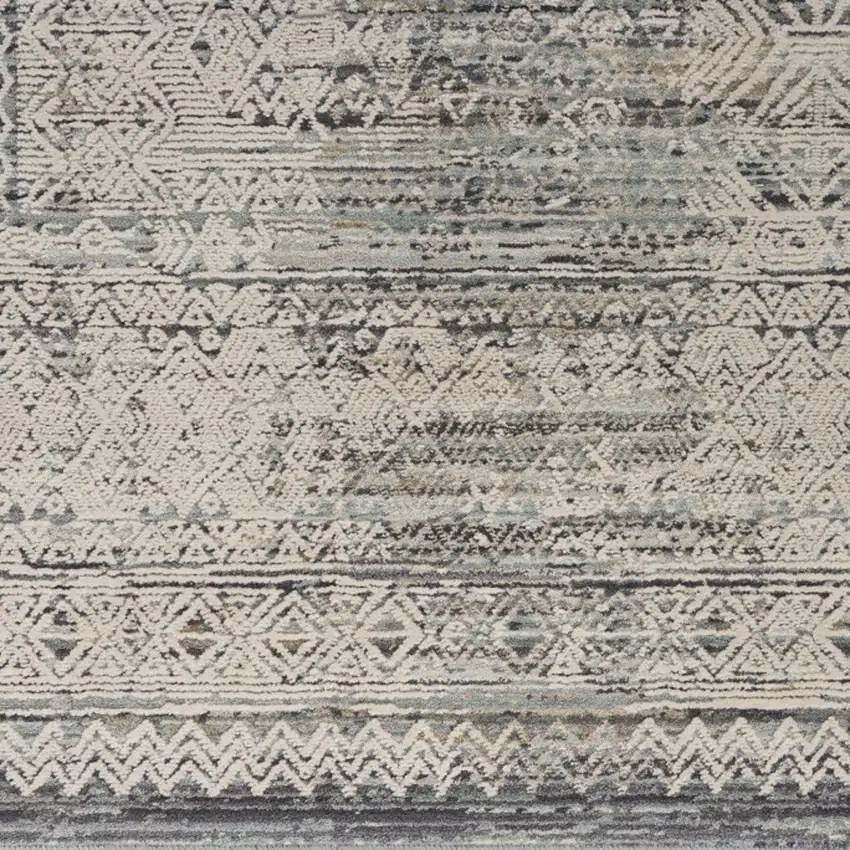 8' Ivory And Blue Geometric Distressed Runner Rug With Fringe Photo 6