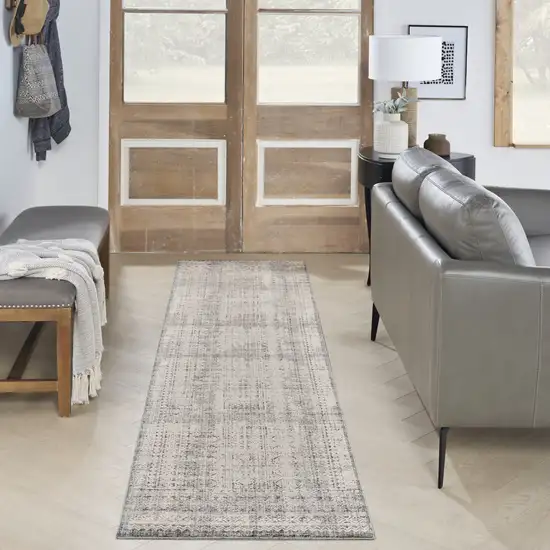 8' Ivory And Blue Geometric Distressed Runner Rug With Fringe Photo 4