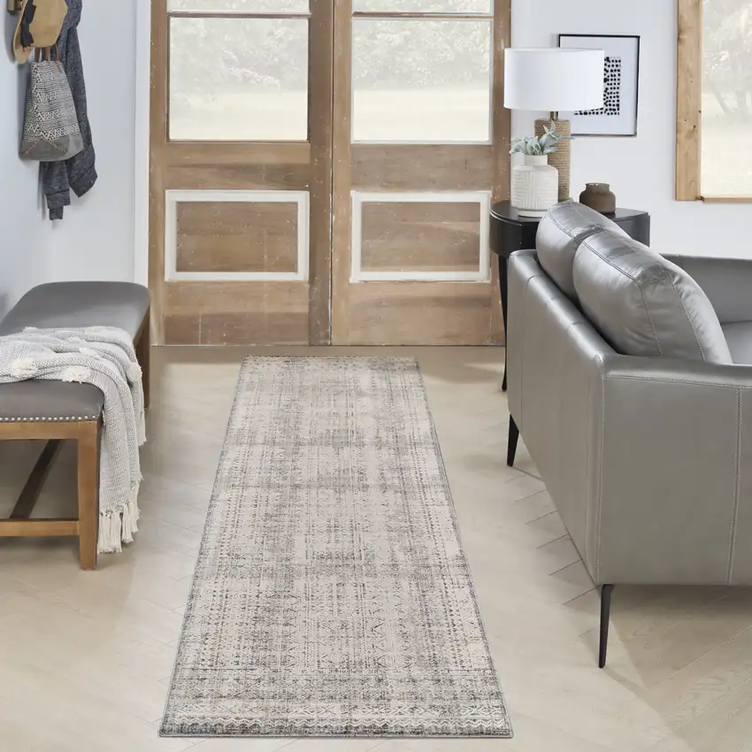 8' Ivory And Blue Geometric Distressed Runner Rug With Fringe Photo 4