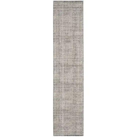 8' Ivory And Blue Geometric Distressed Runner Rug With Fringe Photo 3