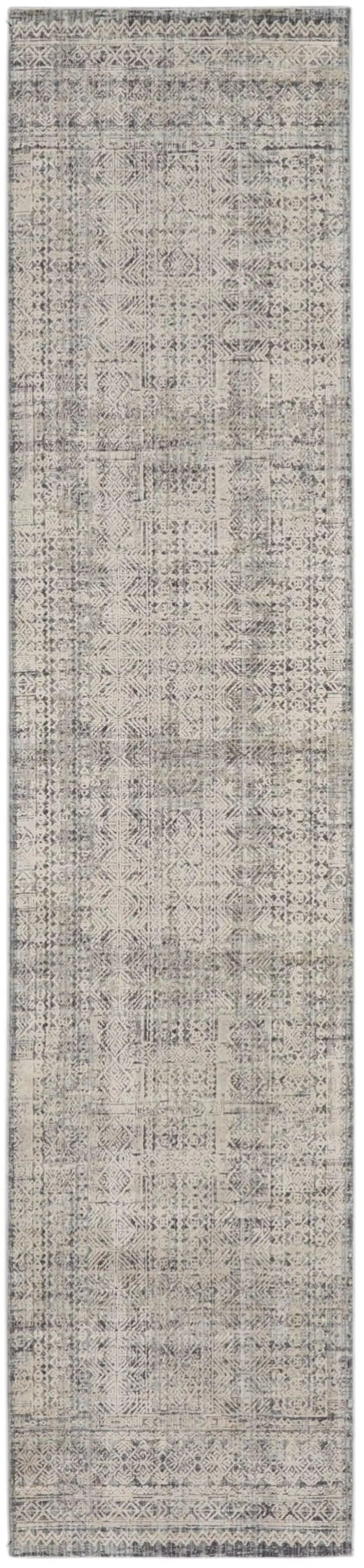 8' Ivory And Blue Geometric Distressed Runner Rug With Fringe Photo 3